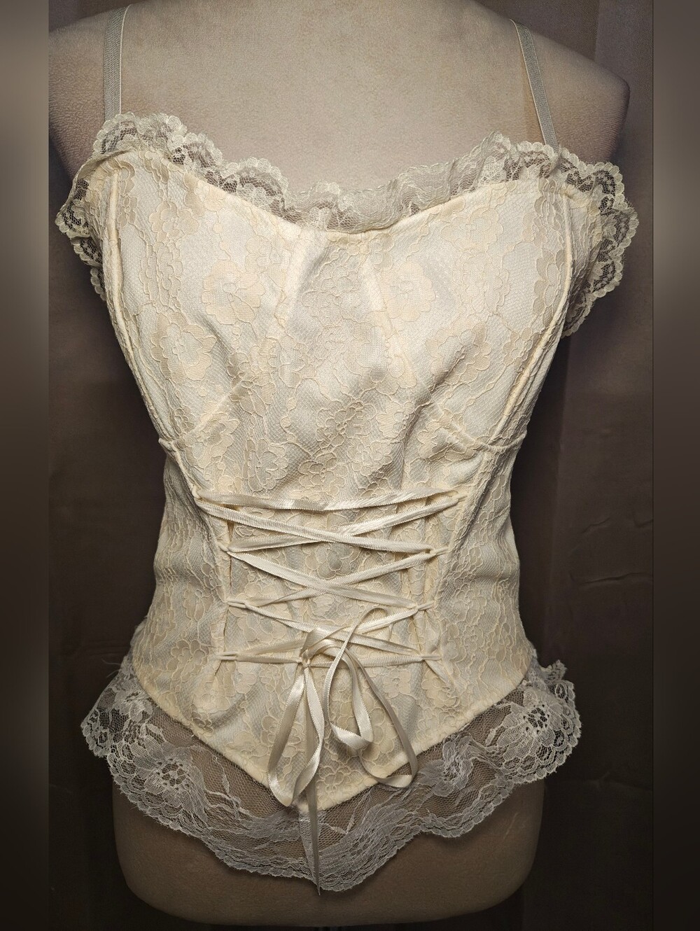 Victorian Edwardian Aesthetic Ivory Lace Corset w Lace Up Front & Smocked Back.